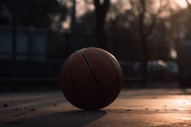 Basketball resting on an outdoor court during sunset can be used for themes of sports, leisure, or fitness. Suitable for depicting a calm and reflective moment in athletics. Ideal for promoting recreational activities, athletic training, sports equipment advertisements, and outdoor event promotions.