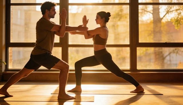 Couple practicing mirrored warrior lunge in sunlit studio balancing and stretching