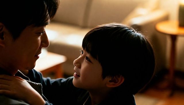 Tender father and son sharing close moment in cozy living room, warm family connection