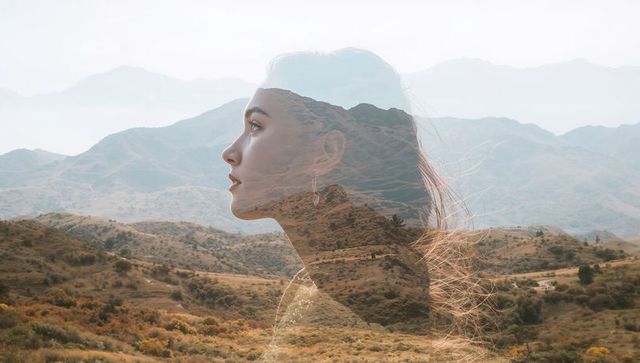 Double Exposure Art: Woman's Silhouette with Scenic Foothills