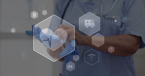 Healthcare Professional Donning Gloves Amid Digital Medical Overlay