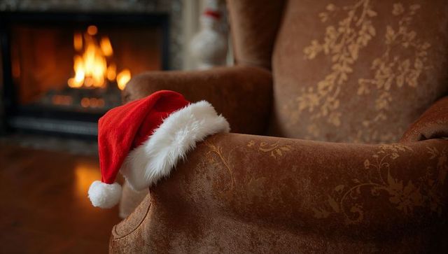 Cozy Christmas Armchair with Santa Hat Draped Over Damask Chair by Warm Glowing Fireplace