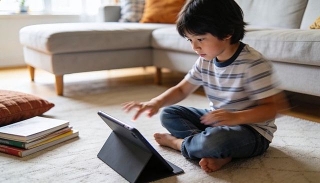 Young child interacting with tablet on rug while learning and playing in cozy living room
