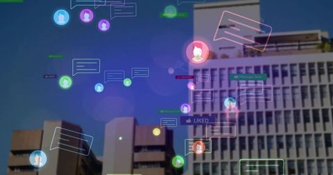 Urban digital chat overlay with colorful floating avatars and neon messaging bubbles