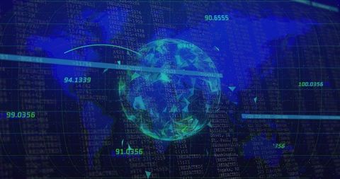 Futuristic Low-Poly Globe on Digital Interface with Data Visualization
