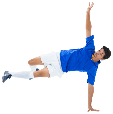Dynamic Hispanic Footballer Kicking Ball on Transparent Background