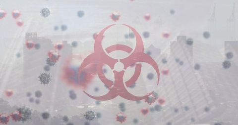 Biohazard symbol amidst urban skyline with translucent virus particles