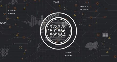Circular HUD displaying numeric telemetry on dark cyber grid with hexagonal data clusters