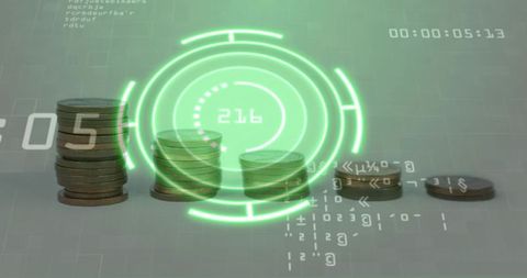Futuristic financial analytics hud overlaying stacked coins, visualizing declining value