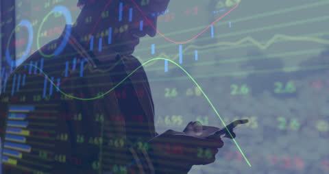 Caucasian Man Uses Smartphone Amid Stock Market Data Display
