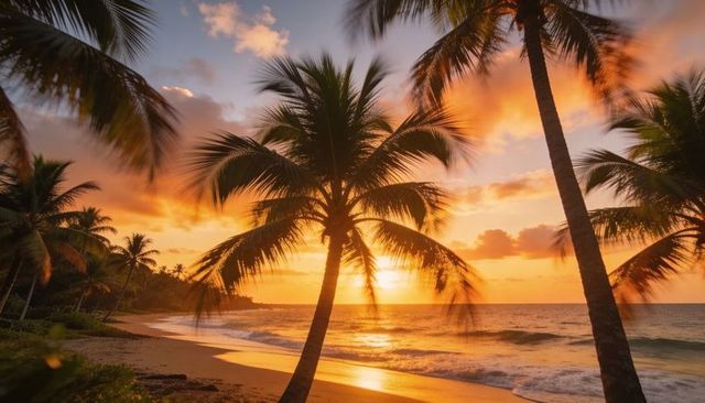 Golden tropical sunset framing leaning coconut palms reflecting on wet sand