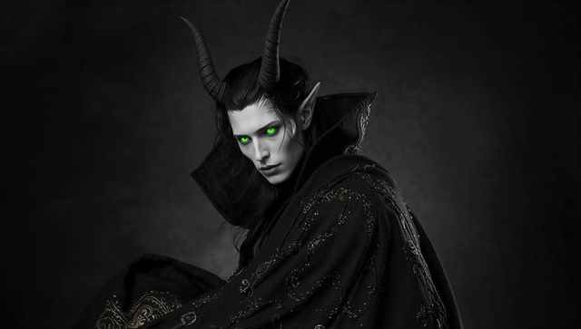 Horned mystic with glowing eyes in dark embroidered cloak