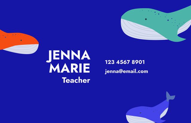 This ocean-themed business card template is perfect for educators and marine biologists. Featuring colorful whale illustrations and essential contact information, it is both professional and engaging. Ideal for networking events, educational conferences, and marine science workshops. Users can customize the text to fit their personal details and preferred communication methods.