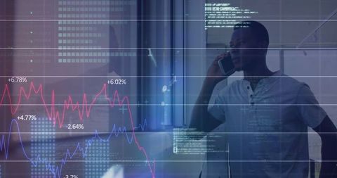 Businessman Discussing Stock Market Trends via Smartphone in Modern Office