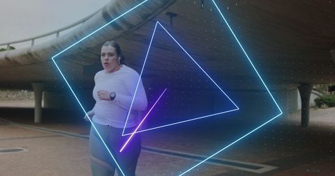 Plus Size Woman Running with Neon Geometric Overlay