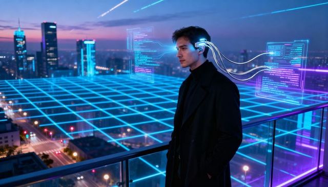 Man Wearing Neural Headset Standing on Balcony Overlooking Neon City and Holographic Grid