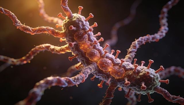 Floating glowing microbe with spiky protrusions, filamentous tentacles and amber vesicles
