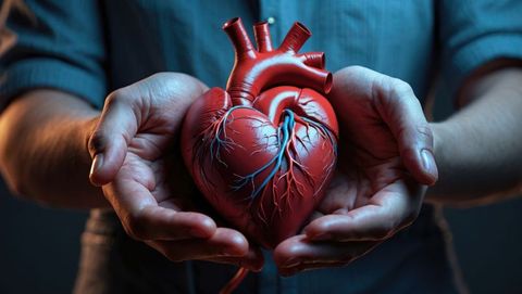 Hands holding detailed anatomical heart model in studio setting, cardiovascular diseases subject