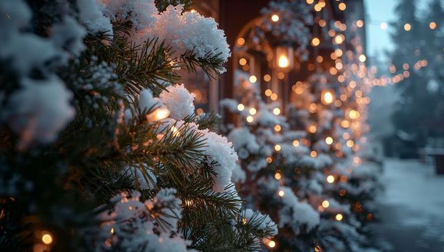 Festive Pine Branch and Warm Lights at Cozy Home Entrance