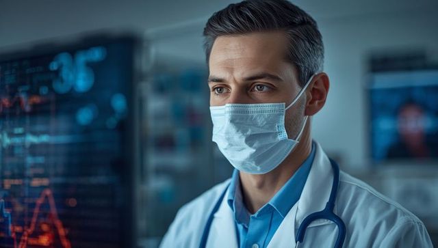 Doctor in Mask Studying Data on High-Tech Hospital Monitor