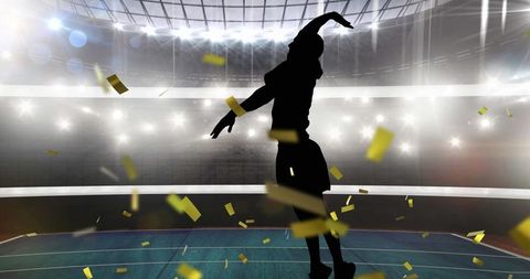 Silhouette Volleyball Player Celebrating Victory in Stadium with Confetti