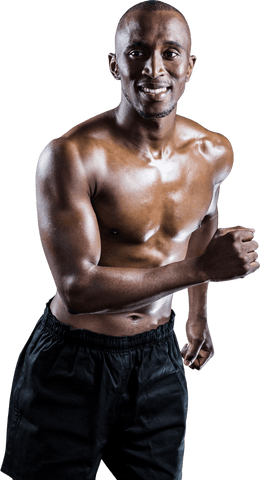 Transparent athletic man smiling while running