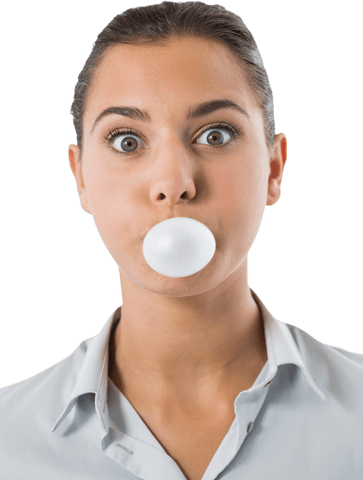 Transparent close-up of woman blowing bubble gum playfully