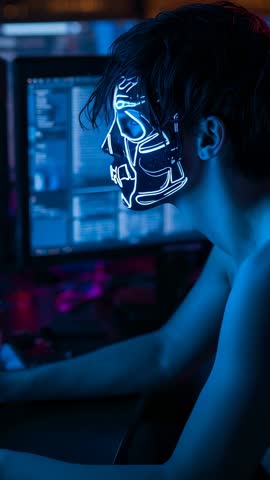Vertical video: Neon LED mask hacker typing and scrolling code in blue cyberpunk studio