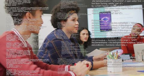 Team Collaboration in Conference Room with Overlay of Code