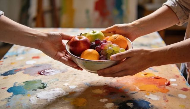 Hands passing ceramic bowl of fresh fruit across paint-splattered art studio table