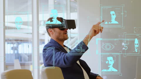 Businessman Engaged with VR Headset and Social Media Interface Graphics