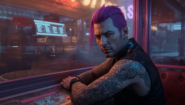 Cyberpunk aesthetics: tattooed man in futuristic diner