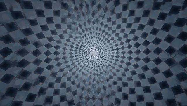 Spiral checkerboard tunnel converging toward central light, geometric vortex background
