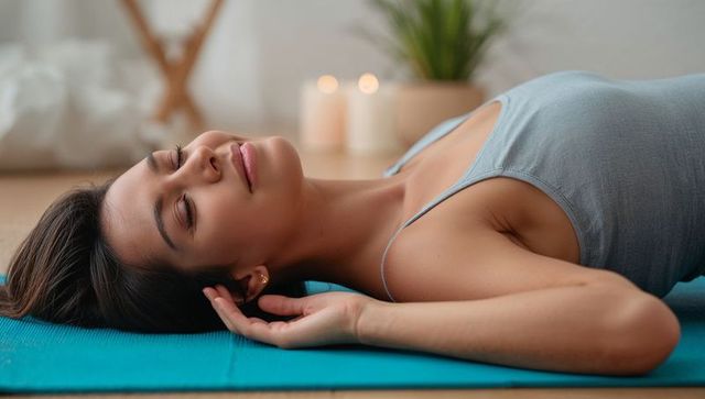 Young woman relaxing on yoga mat with candlelight for mindfulness and home wellness