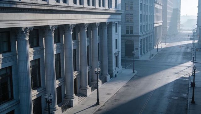 Sunlit neoclassical columned facade framing empty downtown avenue with lamp posts at golden hour