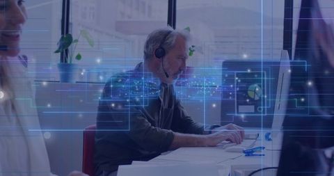 Professional Man with Headset Integrating Modern Technology at Office Workspace