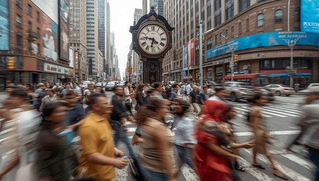 Busy urban intersection with crowds and iconic street clock