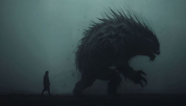 Lone walker confronting colossal spiky shadow creature on misty desolate plain at dusk