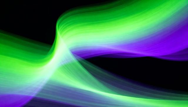 Flowing neon green and violet light ribbons sweeping across black backdrop