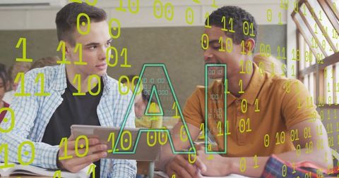 High school students collaborating with tablet and ai binary overlay in classroom