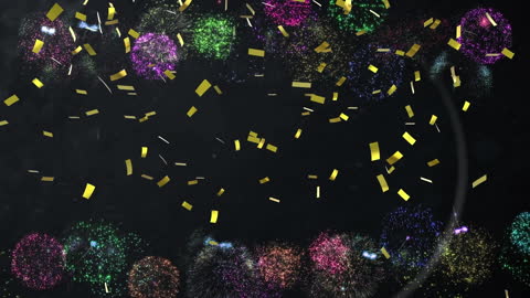 Colorful Fireworks Display with Falling Confetti
