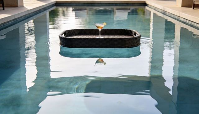 Floating woven tray holding cocktail with citrus on calm resort pool reflecting columns