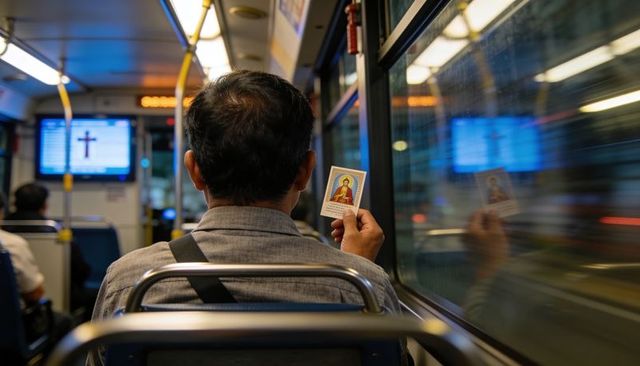 Man holding devotional card while praying on night bus with window reflection