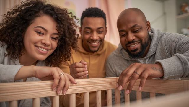 Smiling adults assembling wooden baby crib together, teamwork celebrating new parent joy