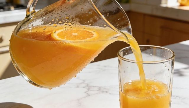 Sunlit orange juice pouring from glass pitcher into tall glass on marble countertop