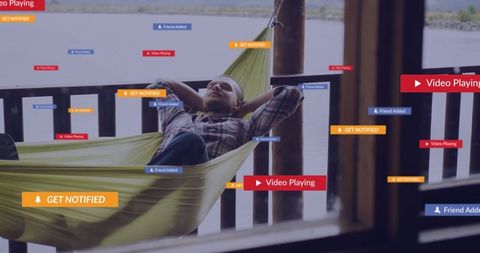 Man resting in hammock bombarded by floating notifications