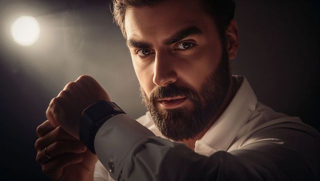 Bearded man adjusting smartwatch and cuff in dramatic cinematic studio portrait close-up