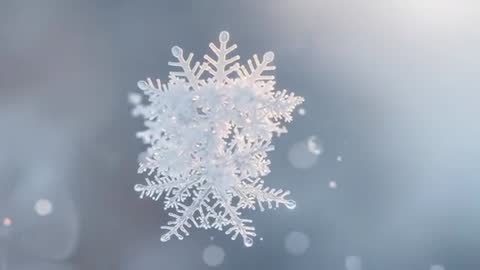 Drifting Crystal Snowflake Cluster Moving Toward Center in Macro Pull, Frost Droplets