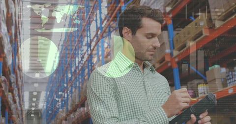 Warehouse worker analyzing data in modern distribution center
