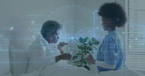 Nurse Caring for Senior Patient with Digital Technology Overlay